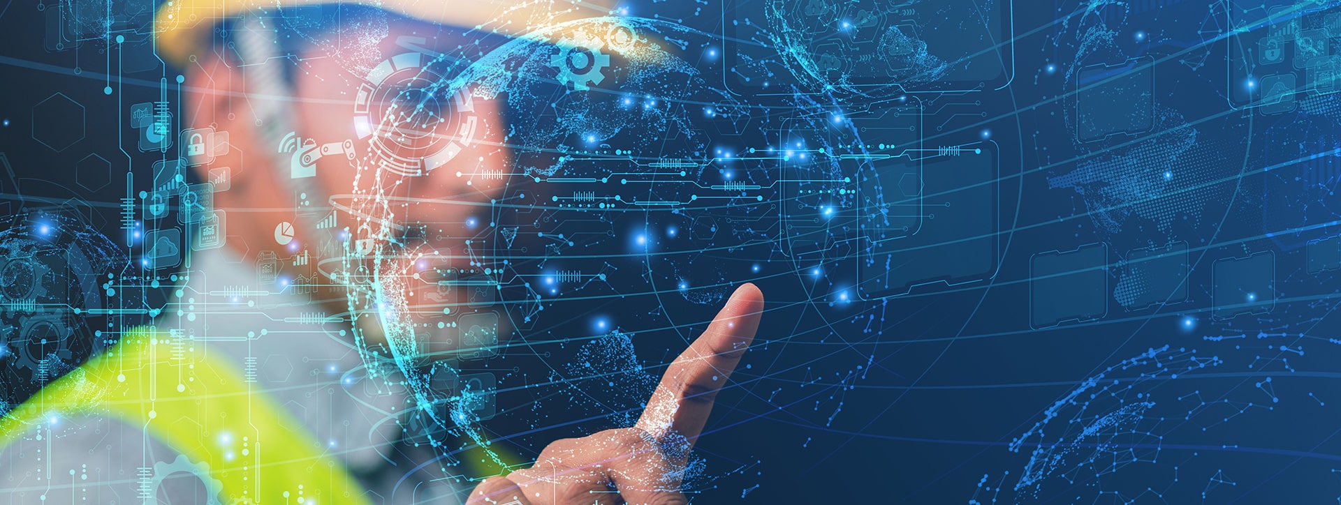 This is a photo realistic image of a person wearing a virtual reality headset and pointing at a holographic display. The holographic display is blue and shows a world map, various graphs, and other data.